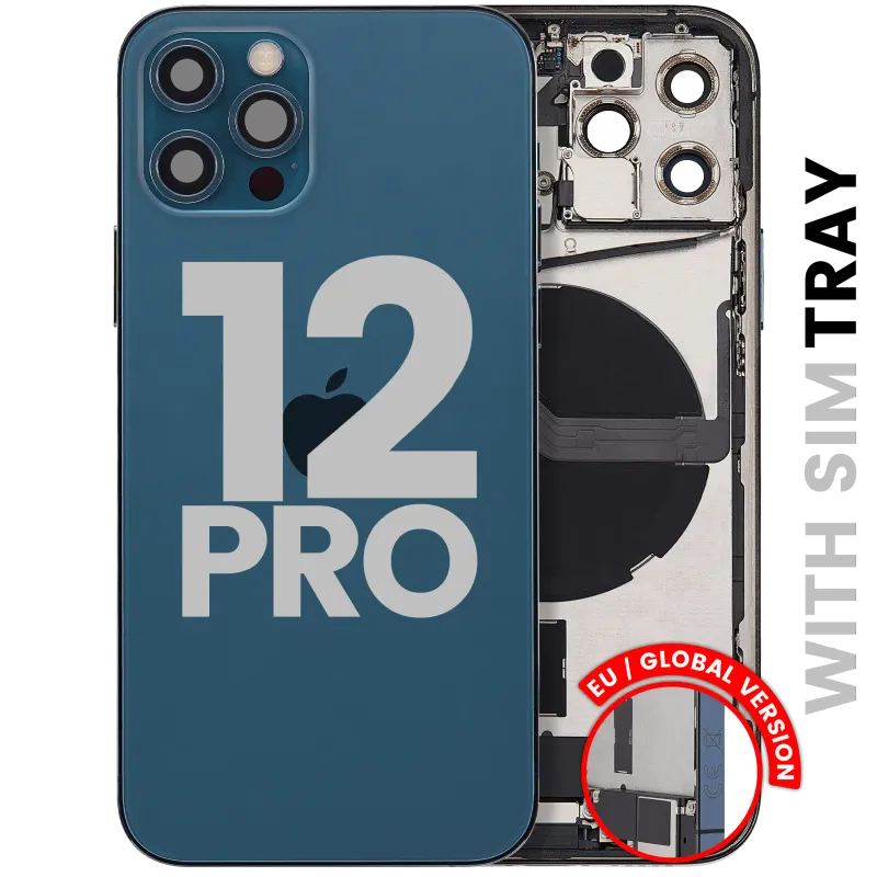 Zadní kryt (housing) s flexem nabíjecího konektoru a drobnými díly pro iPhone 12 Pro (EU verze) (originál z vyřazeného zařízení, stav C) (tichomořsky modrá)