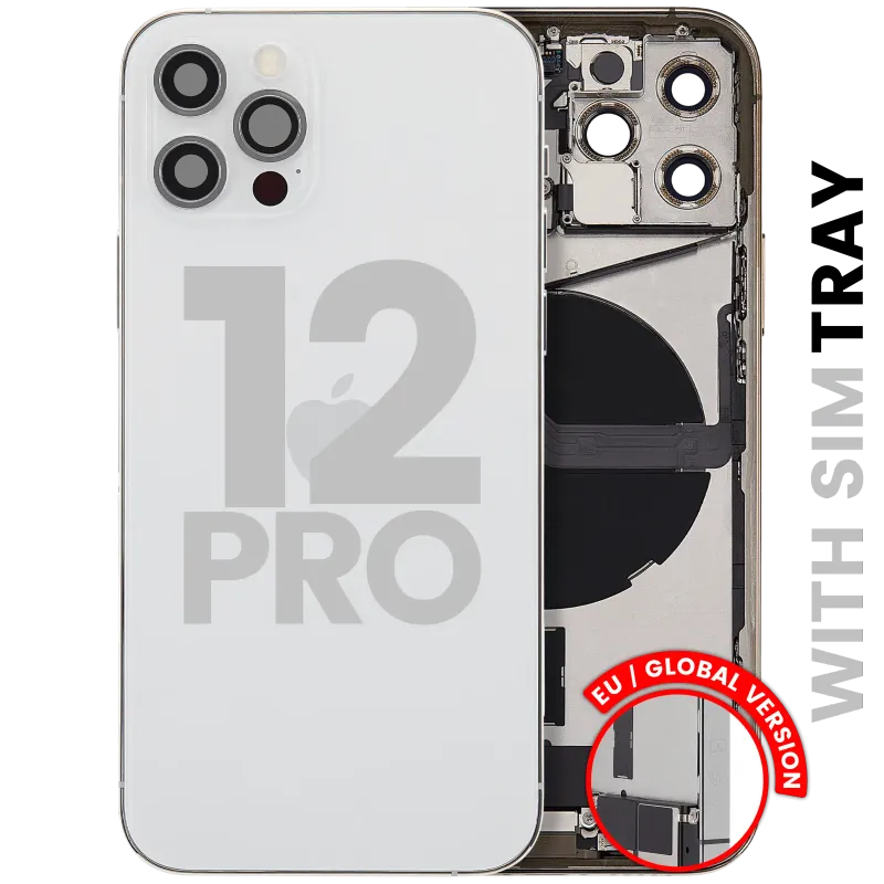 Zadní kryt (housing) s flexem nabíjecího konektoru a drobnými díly pro iPhone 12 Pro (EU verze) (originál z vyřazeného zařízení, stav B) (stříbrná)