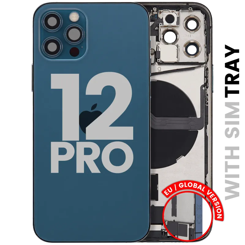 Zadní kryt (housing) s flexem nabíjecího konektoru a drobnými díly pro iPhone 12 Pro (EU verze) (originál z vyřazeného zařízení, stav B) (tichomořsky modrá)