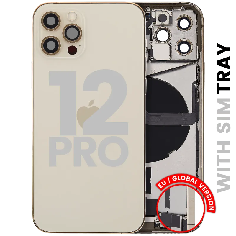 Zadní kryt (housing) s flexem nabíjecího konektoru a drobnými díly pro iPhone 12 Pro (EU verze) (originál z vyřazeného zařízení, stav B) (zlatá)
