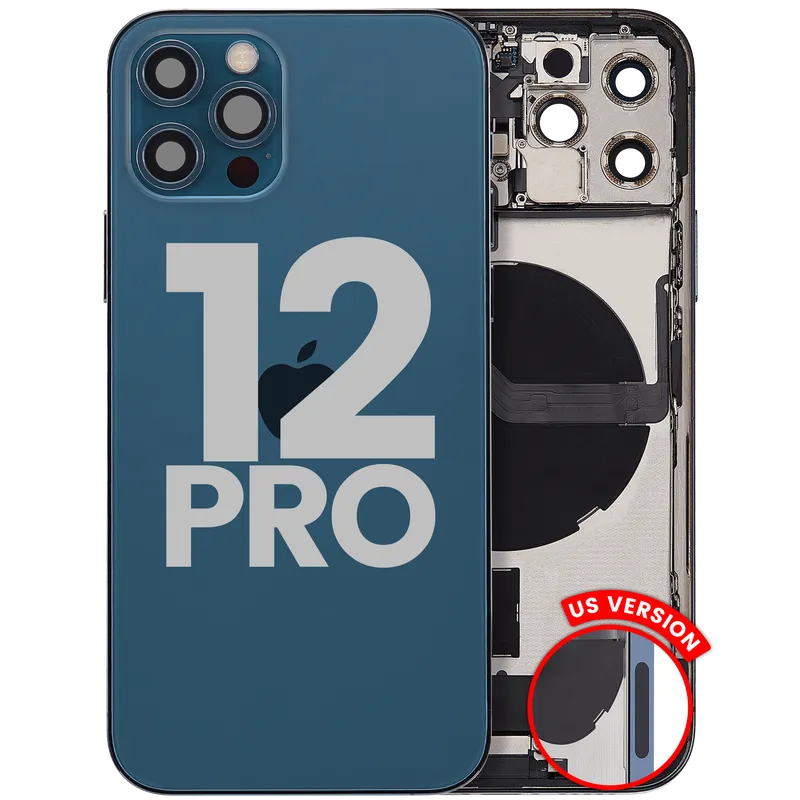 Zadní kryt (housing) s flexem nabíjecího konektoru a drobnými díly pro iPhone 12 Pro (US verze) (originál z vyřazeného zařízení, stav B) (tichomořsky modrá)