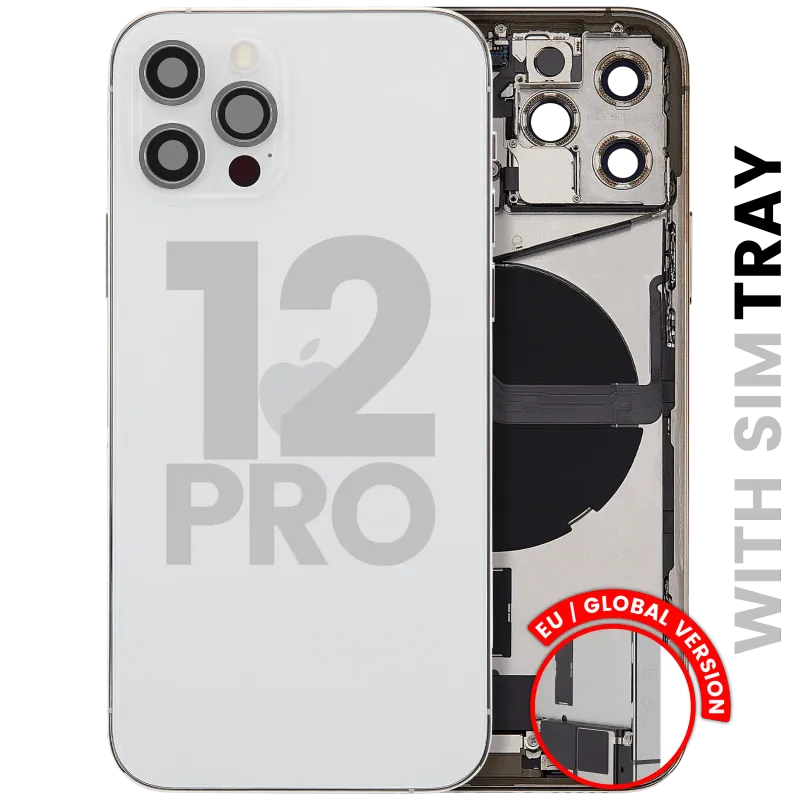 Zadní kryt (housing) s flexem nabíjecího konektoru a drobnými díly pro iPhone 12 Pro (EU verze) (originál z vyřazeného zařízení, stav A) (stříbrná)