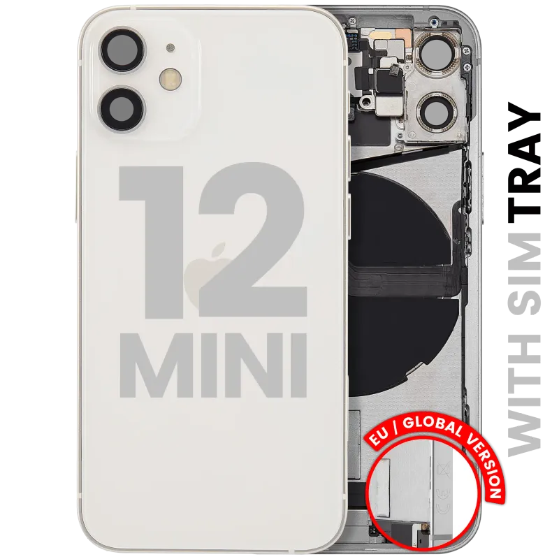 Zadní kryt (housing) s flexem nabíjecího konektoru a drobnými díly pro iPhone 12 mini (EU verze) (originál z vyřazeného zařízení, stav A) (bílá)
