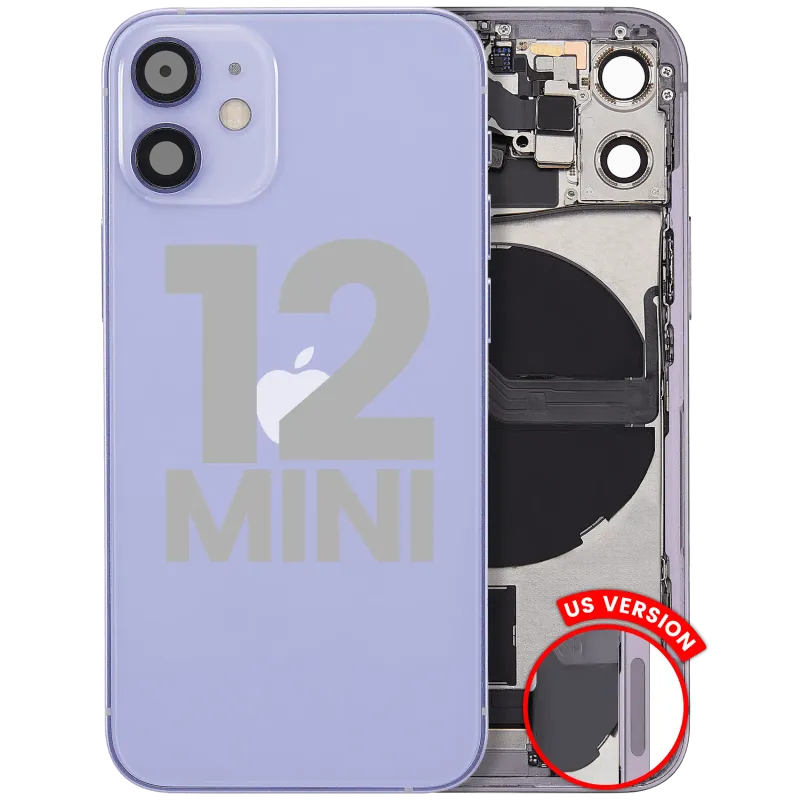 Zadní kryt (housing) s flexem nabíjecího konektoru a drobnými díly pro iPhone 12 mini (US verze) (originál z vyřazeného zařízení, stav A) (fialová)