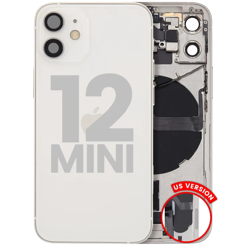 Zadní kryt (housing) s flexem nabíjecího konektoru a drobnými díly pro iPhone 12 mini (US verze) (originál z vyřazeného zařízení, stav A) (bílá)
