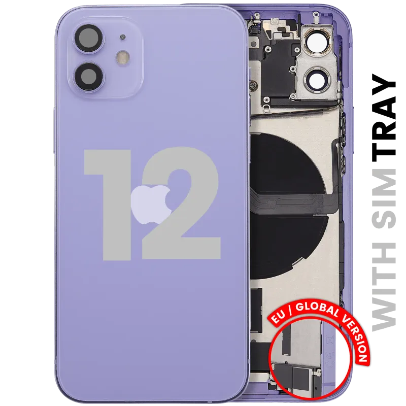 Zadní kryt (housing) s flexem nabíjecího konektoru a drobnými díly pro iPhone 12 (EU verze) (originál z vyřazeného zařízení, stav A) (fialová)