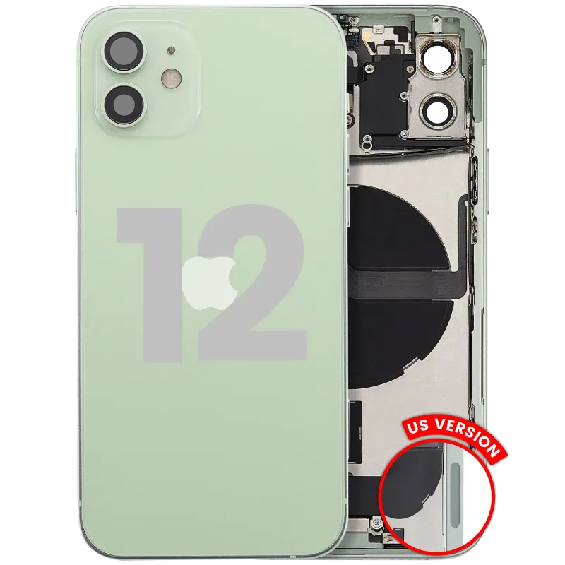 Zadní kryt (housing) s flexem nabíjecího konektoru a drobnými díly pro iPhone 12 (US verze) (originál z vyřazeného zařízení, stav A) (zelená)
