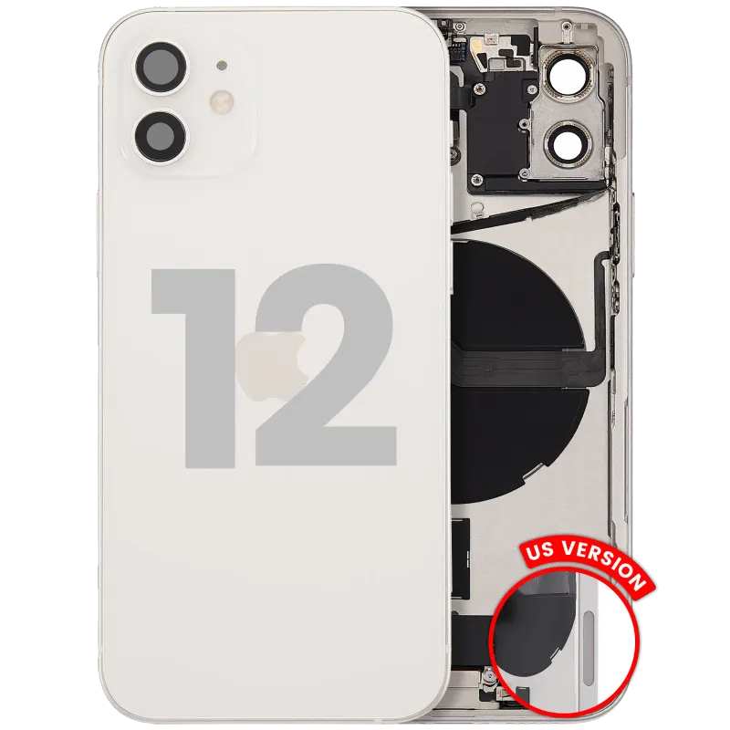 Zadní kryt (housing) s flexem nabíjecího konektoru a drobnými díly pro iPhone 12 (US verze) (originál z vyřazeného zařízení, stav A) (bílá)