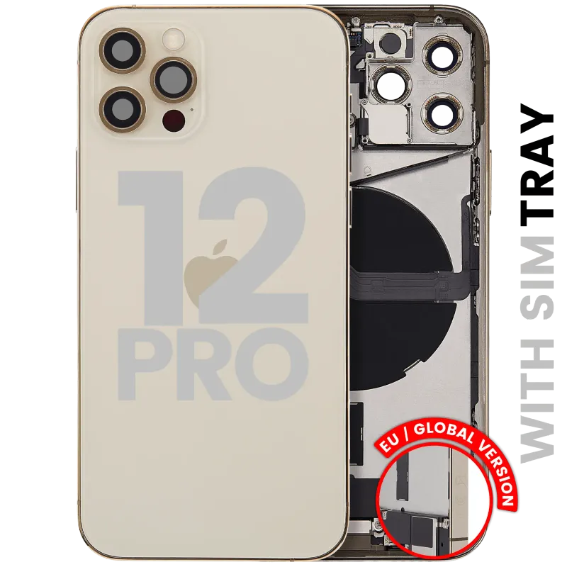 Zadní kryt (housing) s flexem nabíjecího konektoru a drobnými díly pro iPhone 12 Pro (EU verze) (originál z vyřazeného zařízení, stav A) (zlatá)