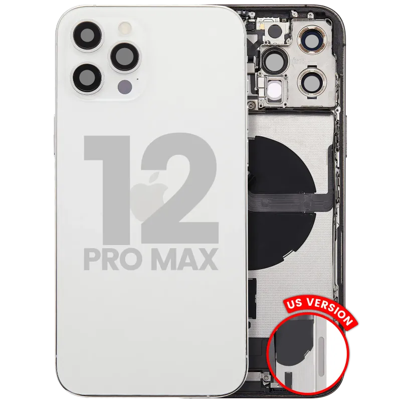 Zadní kryt (housing) s flexem nabíjecího konektoru a drobnými díly pro iPhone 12 Pro Max (US verze) (originál z vyřazeného zařízení, stav C) (stříbrná)