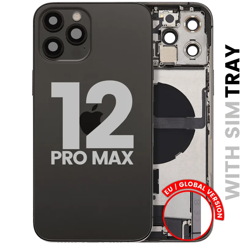 Zadní kryt (housing) s flexem nabíjecího konektoru a drobnými díly pro iPhone 12 Pro Max (EU verze) (originál z vyřazeného zařízení, stav C) (grafitová)