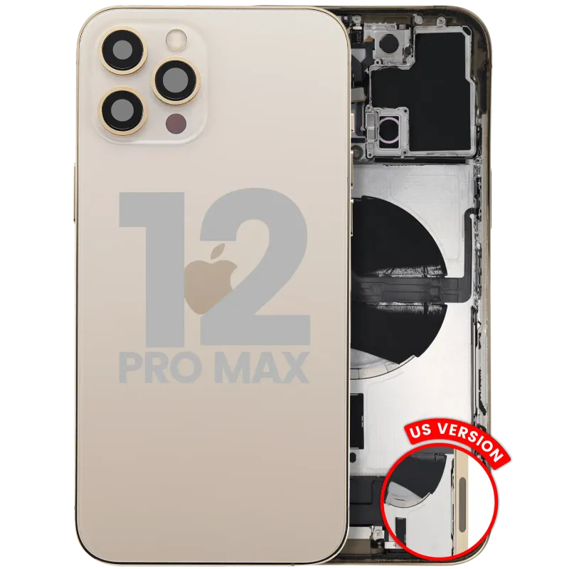 Zadní kryt (housing) s flexem nabíjecího konektoru a drobnými díly pro iPhone 12 Pro Max (US verze) (originál z vyřazeného zařízení, stav C) (zlatá)