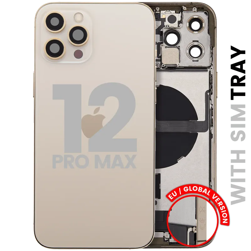 Zadní kryt (housing) s flexem nabíjecího konektoru a drobnými díly pro iPhone 12 Pro Max (EU verze) (originál z vyřazeného zařízení, stav C) (zlatá)