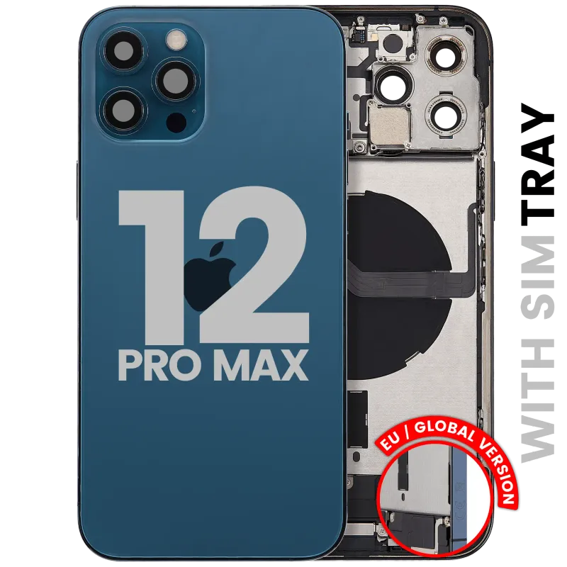 Zadní kryt (housing) s flexem nabíjecího konektoru a drobnými díly pro iPhone 12 Pro Max (EU verze) (originál z vyřazeného zařízení, stav C) (tichomořsky modrá)