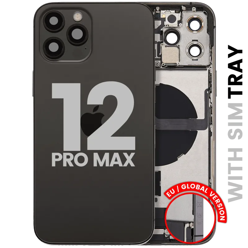 Zadní kryt (housing) s flexem nabíjecího konektoru a drobnými díly pro iPhone 12 Pro Max (EU verze) (originál z vyřazeného zařízení, stav B) (grafitová)