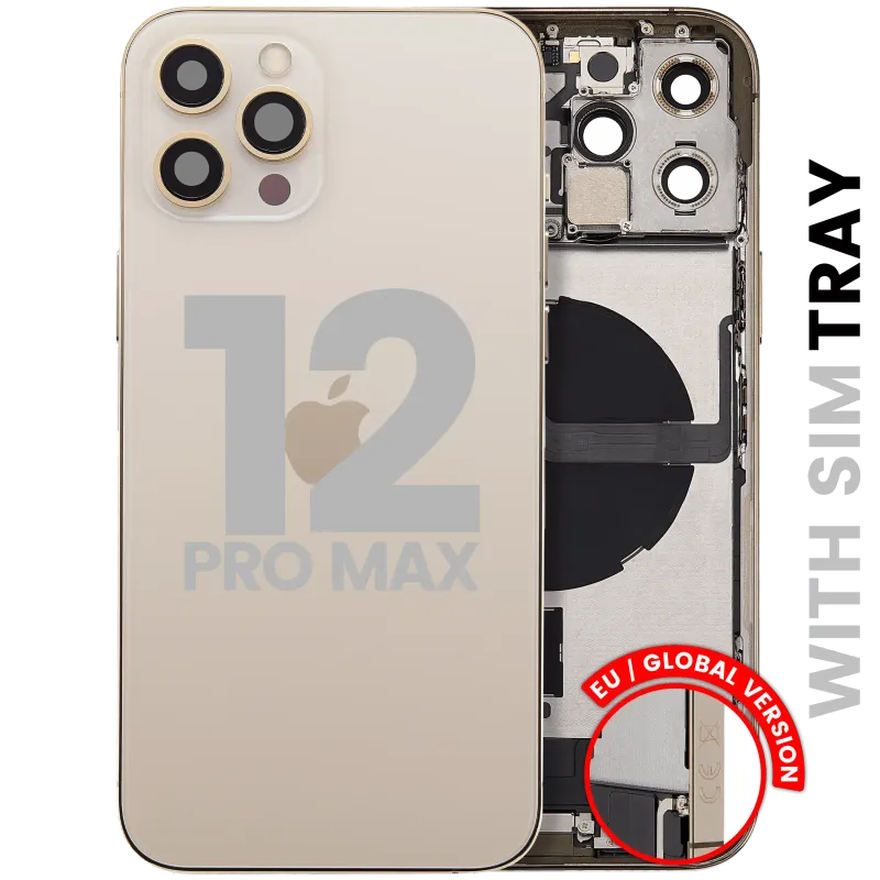 Zadní kryt (housing) s flexem nabíjecího konektoru a drobnými díly pro iPhone 12 Pro Max (EU verze) (originál z vyřazeného zařízení, stav B) (zlatá)