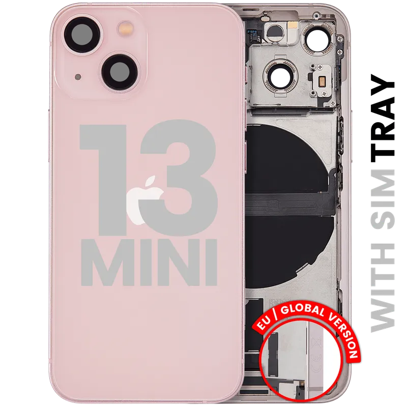 Zadní kryt (housing) s flexem nabíjecího konektoru a drobnými díly pro iPhone 13 mini (EU verze) (originál z vyřazeného zařízení, stav C) (růžová)