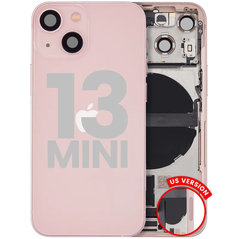Zadní kryt (housing) s flexem nabíjecího konektoru a drobnými díly pro iPhone 13 mini (US verze) (originál z vyřazeného zařízení, stav C) (růžová)