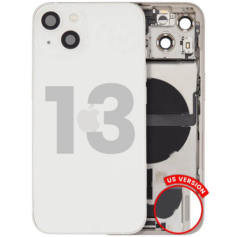 Zadní kryt (housing) s flexem nabíjecího konektoru a drobnými díly pro iPhone 13 (US verze) (originál z vyřazeného zařízení, stav C) (hvězdně bílá)
