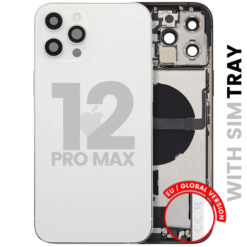 Zadní kryt (housing) s flexem nabíjecího konektoru a drobnými díly pro iPhone 12 Pro Max (EU verze) (originál z vyřazeného zařízení, stav B) (stříbrná)