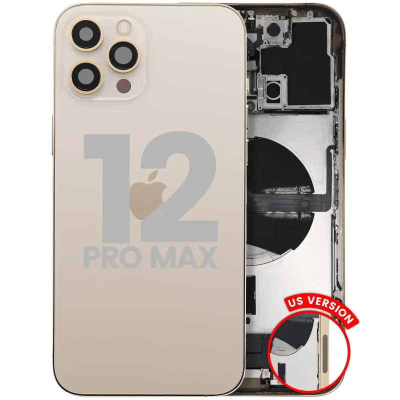 Zadní kryt (housing) s flexem nabíjecího konektoru a drobnými díly pro iPhone 12 Pro Max (US verze) (originál z vyřazeného zařízení, stav B) (zlatá)