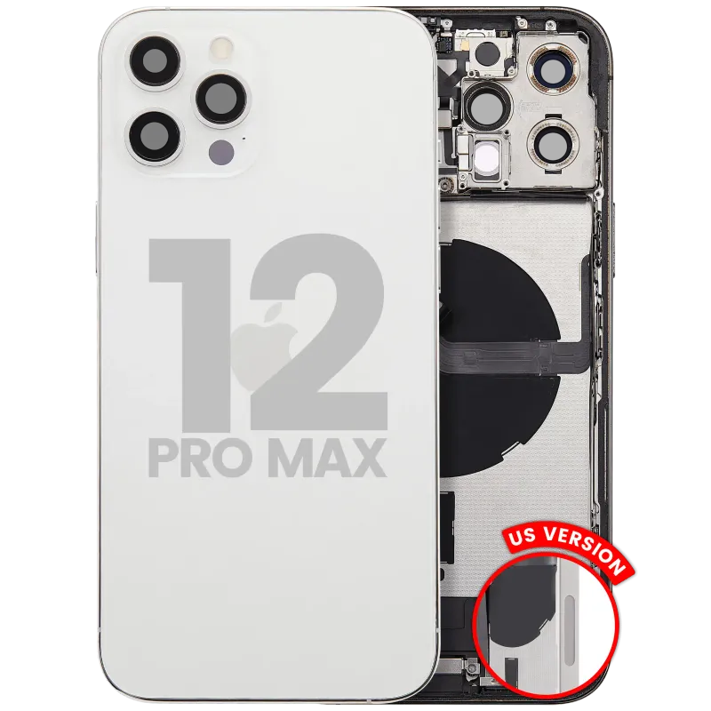 Zadní kryt (housing) s flexem nabíjecího konektoru a drobnými díly pro iPhone 12 Pro Max (US verze) (originál z vyřazeného zařízení, stav B) (stříbrná)