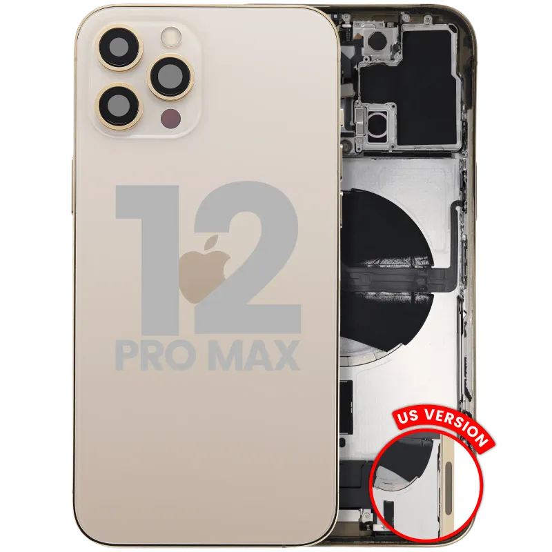 Zadní kryt (housing) s flexem nabíjecího konektoru a drobnými díly pro iPhone 12 Pro Max (US verze) (originál z vyřazeného zařízení, stav A) (zlatá)