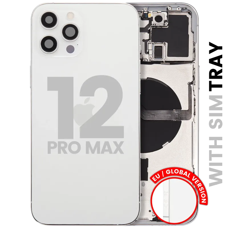 Zadní kryt (housing) s drobnými díly pro iPhone 12 Pro Max (EU verze) (originál z vyřazeného zařízení, stav A) (stříbrná)