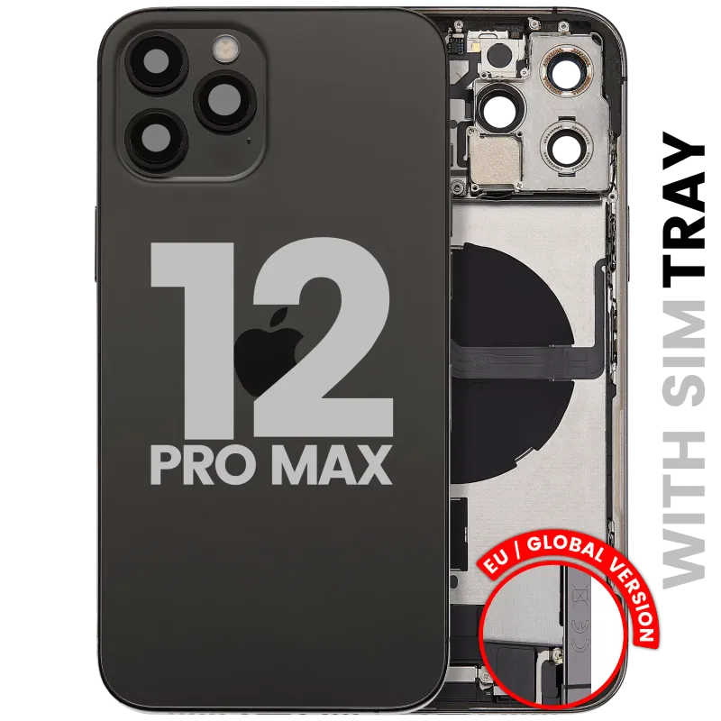 Zadní kryt (housing) s flexem nabíjecího konektoru a drobnými díly pro iPhone 12 Pro Max (EU verze) (originál z vyřazeného zařízení, stav A) (grafitová)