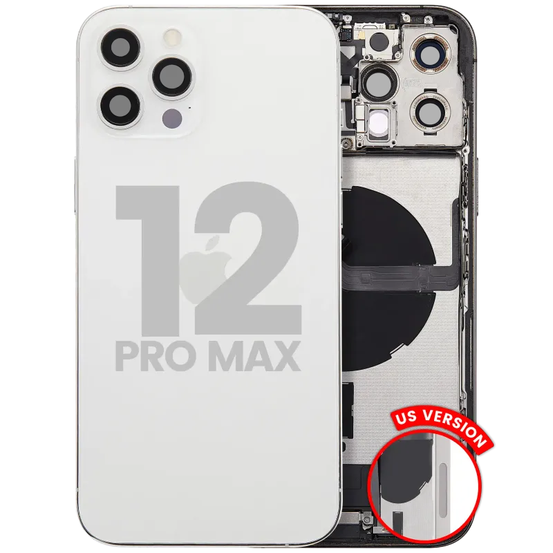 Zadní kryt (housing) s flexem nabíjecího konektoru a drobnými díly pro iPhone 12 Pro Max (US verze) (originál z vyřazeného zařízení, stav A) (stříbrná)