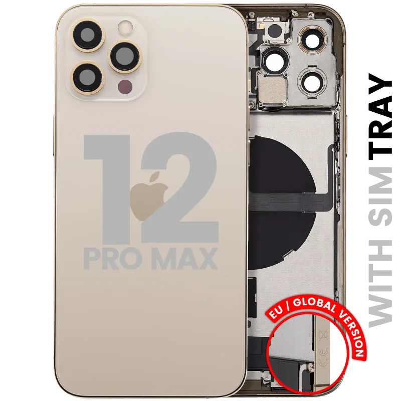 Zadní kryt (housing) s flexem nabíjecího konektoru a drobnými díly pro iPhone 12 Pro Max (EU verze) (originál z vyřazeného zařízení, stav A) (zlatá)