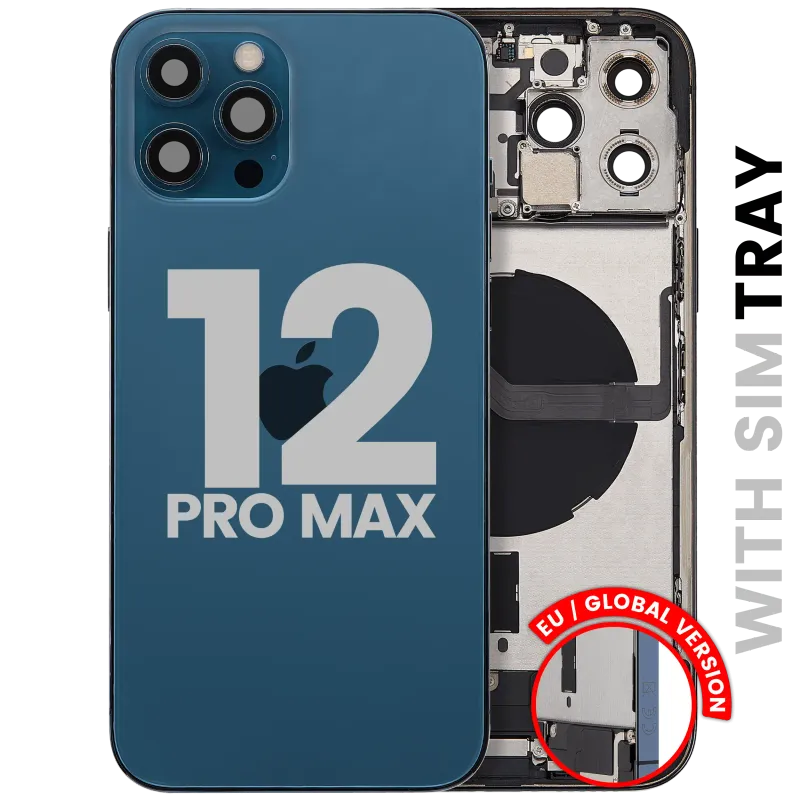 Zadní kryt (housing) s flexem nabíjecího konektoru a drobnými díly pro iPhone 12 Pro Max (EU verze) (originál z vyřazeného zařízení, stav A) (tichomořsky modrá)