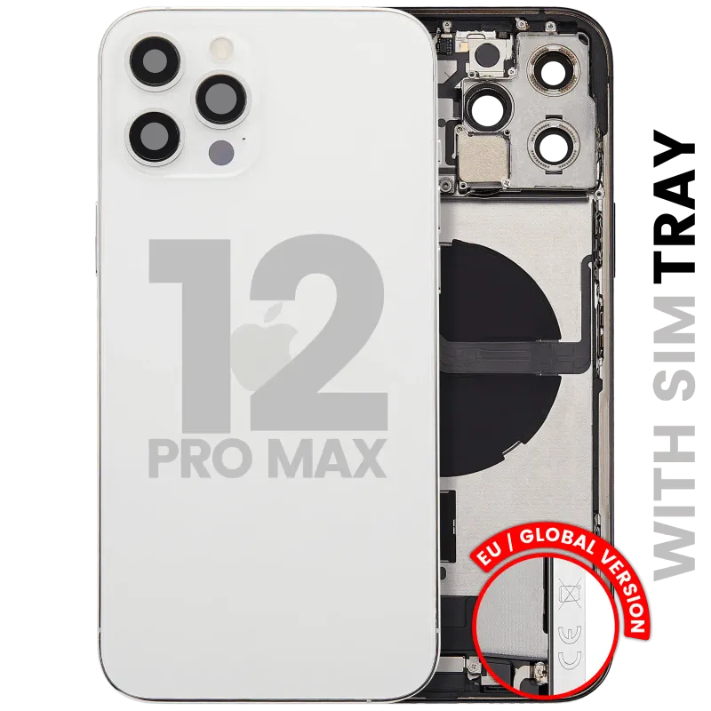 Zadní kryt (housing) s flexem nabíjecího konektoru a drobnými díly pro iPhone 12 Pro Max (EU verze) (originál z vyřazeného zařízení, stav A) (stříbrná)