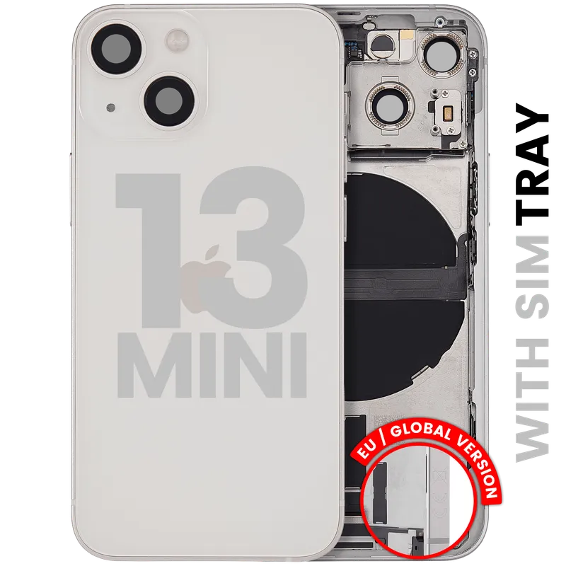 Zadní kryt (housing) s flexem nabíjecího konektoru a drobnými díly pro iPhone 13 mini (EU verze) (originál z vyřazeného zařízení, stav B) (hvězdně bílá)