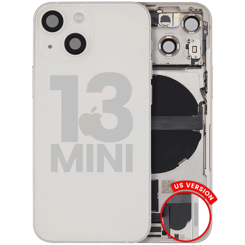 Zadní kryt (housing) s flexem nabíjecího konektoru a drobnými díly pro iPhone 13 mini (US verze) (originál z vyřazeného zařízení, stav B) (hvězdně bílá)