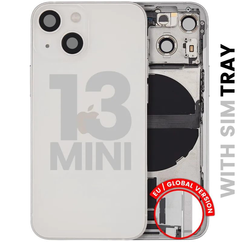 Zadní kryt (housing) s flexem nabíjecího konektoru a drobnými díly pro iPhone 13 mini (EU verze) (originál z vyřazeného zařízení, stav A) (hvězdně bílá)