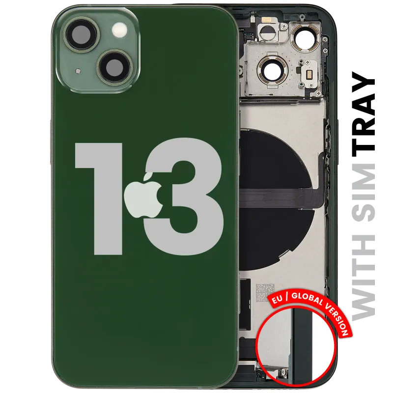 Zadní kryt (housing) s flexem nabíjecího konektoru a drobnými díly pro iPhone 13 (EU verze) (originál z vyřazeného zařízení, stav C) (zelená)
