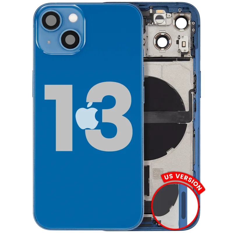 Zadní kryt (housing) s flexem nabíjecího konektoru a drobnými díly pro iPhone 13 (US verze) (originál z vyřazeného zařízení, stav B) (modrá)