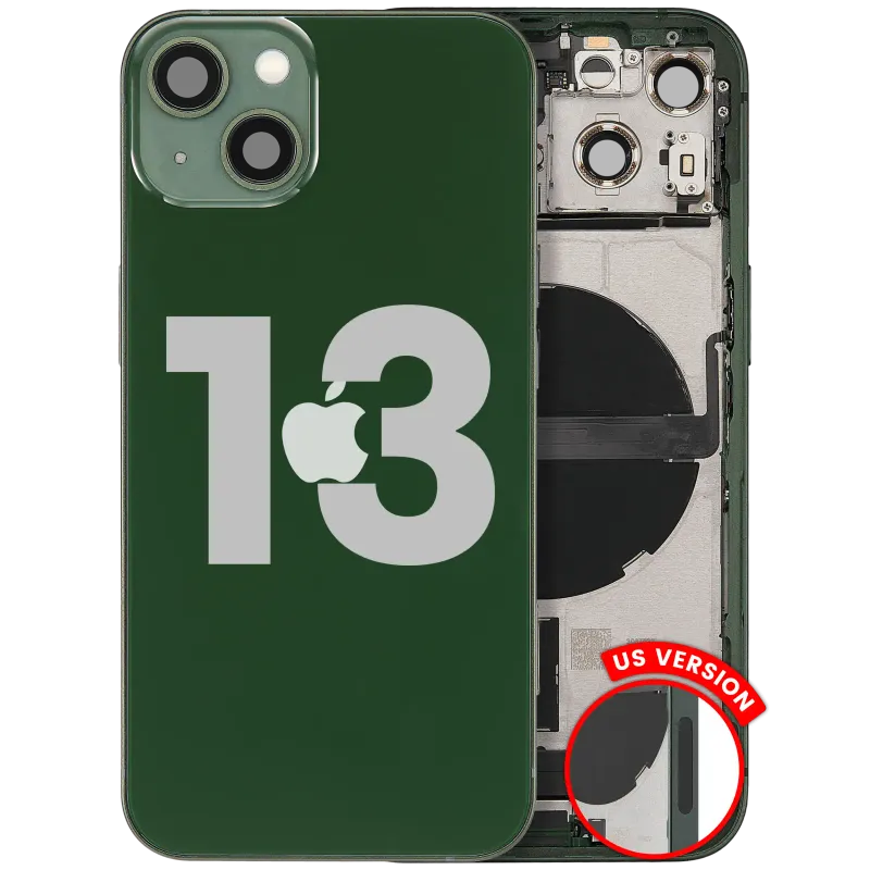 Zadní kryt (housing) s flexem nabíjecího konektoru a drobnými díly pro iPhone 13 (US verze) (originál z vyřazeného zařízení, stav B) (zelená)