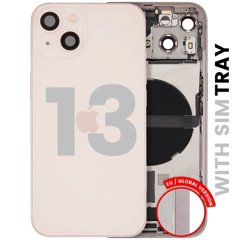 Zadní kryt (housing) s flexem nabíjecího konektoru a drobnými díly pro iPhone 13 (EU verze) (originál z vyřazeného zařízení, stav B) (růžová)