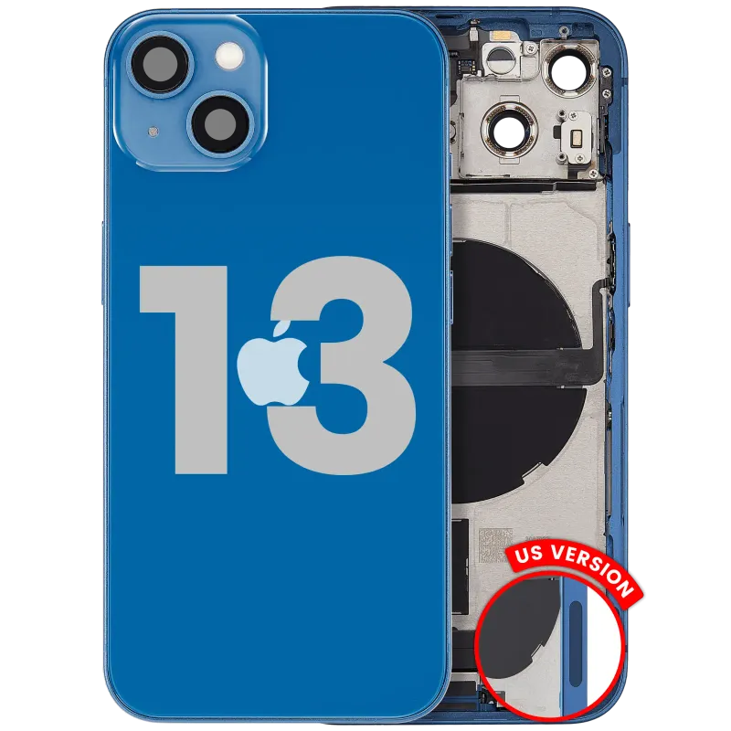 Zadní kryt (housing) s flexem nabíjecího konektoru a drobnými díly pro iPhone 13 (US verze) (originál z vyřazeného zařízení, stav A) (modrá)