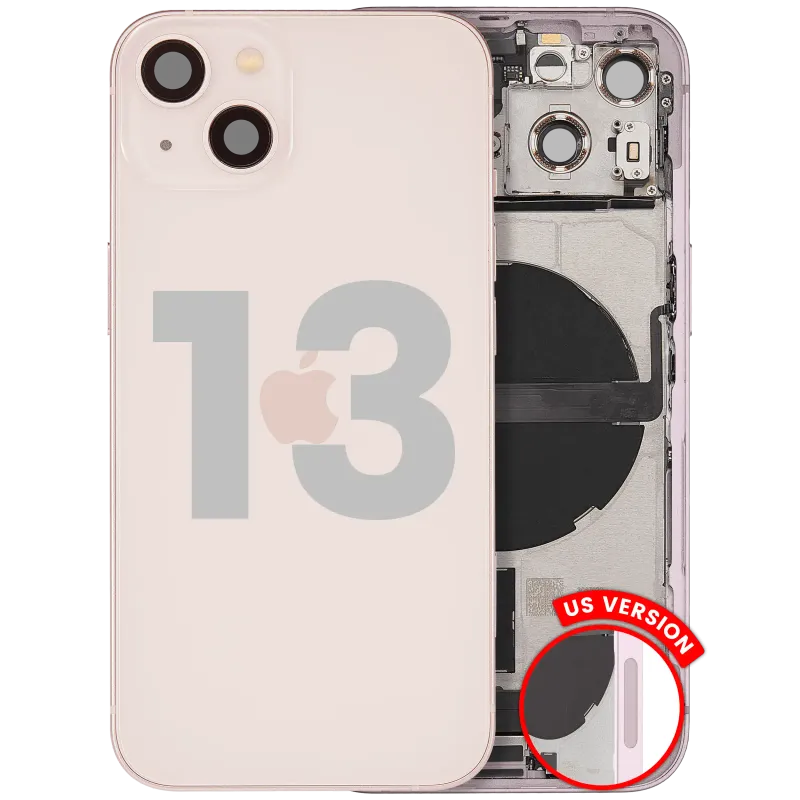 Zadní kryt (housing) s flexem nabíjecího konektoru a drobnými díly pro iPhone 13 (US verze) (originál z vyřazeného zařízení, stav A) (růžová)