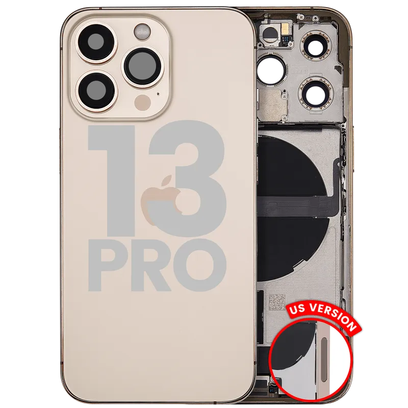 Zadní kryt (housing) s flexem nabíjecího konektoru a drobnými díly pro iPhone 13 Pro (US verze) (originál z vyřazeného zařízení, stav C) (zlatá)