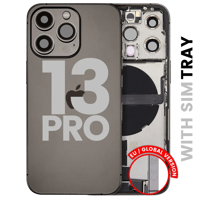 Zadní kryt (housing) s flexem nabíjecího konektoru a drobnými díly pro iPhone 13 Pro (EU verze) (originál z vyřazeného zařízení, stav C) (grafitová)