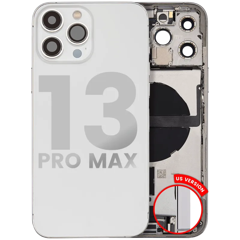 Zadní kryt (housing) s flexem nabíjecího konektoru a drobnými díly pro iPhone 13 Pro Max (US verze) (originál z vyřazeného zařízení, stav C) (stříbrná)