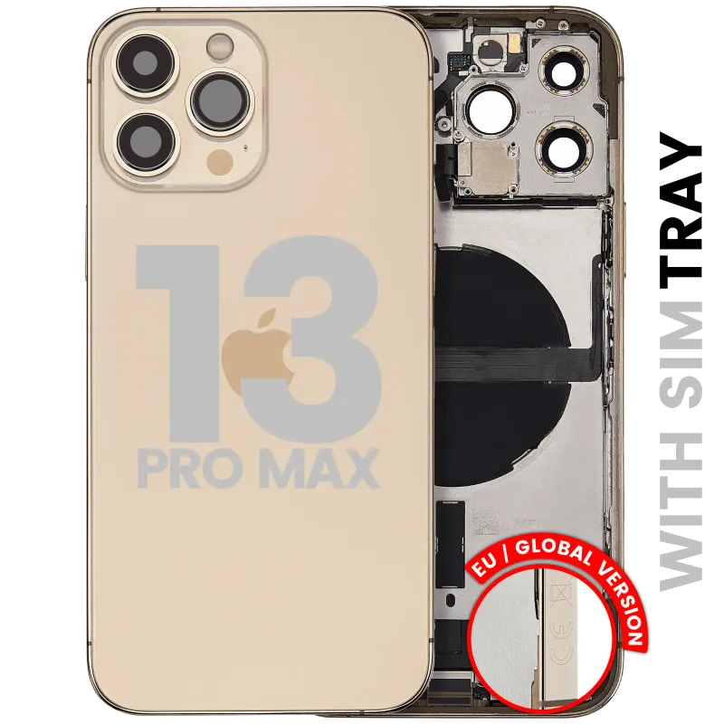 Zadní kryt (housing) s flexem nabíjecího konektoru a drobnými díly pro iPhone 13 Pro Max (EU verze) (originál z vyřazeného zařízení, stav C) (zlatá)