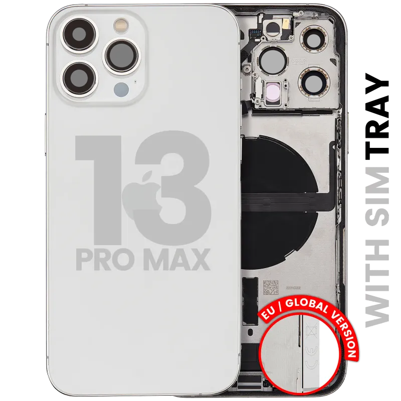 Zadní kryt (housing) s flexem nabíjecího konektoru a drobnými díly pro iPhone 13 Pro Max (EU verze) (originál z vyřazeného zařízení, stav C) (stříbrná)