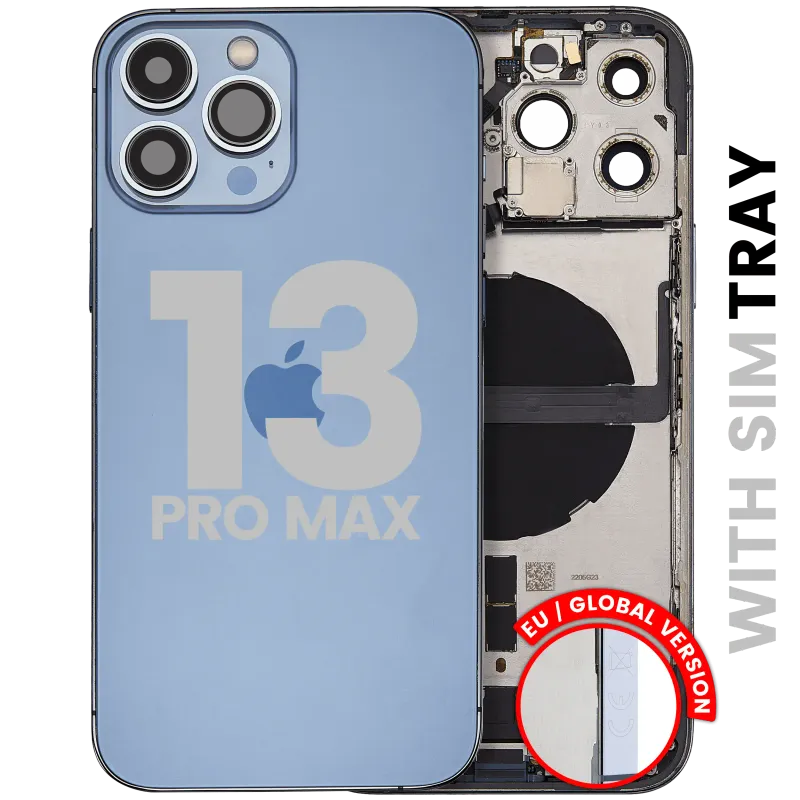 Zadní kryt (housing) s flexem nabíjecího konektoru a drobnými díly pro iPhone 13 Pro Max (EU verze) (originál z vyřazeného zařízení, stav C) (horsky modrá)