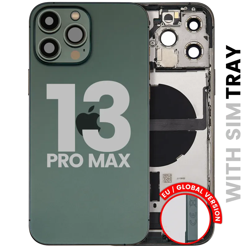 Zadní kryt (housing) s flexem nabíjecího konektoru a drobnými díly pro iPhone 13 Pro Max (EU verze) (originál z vyřazeného zařízení, stav C) (alpsky zelená)