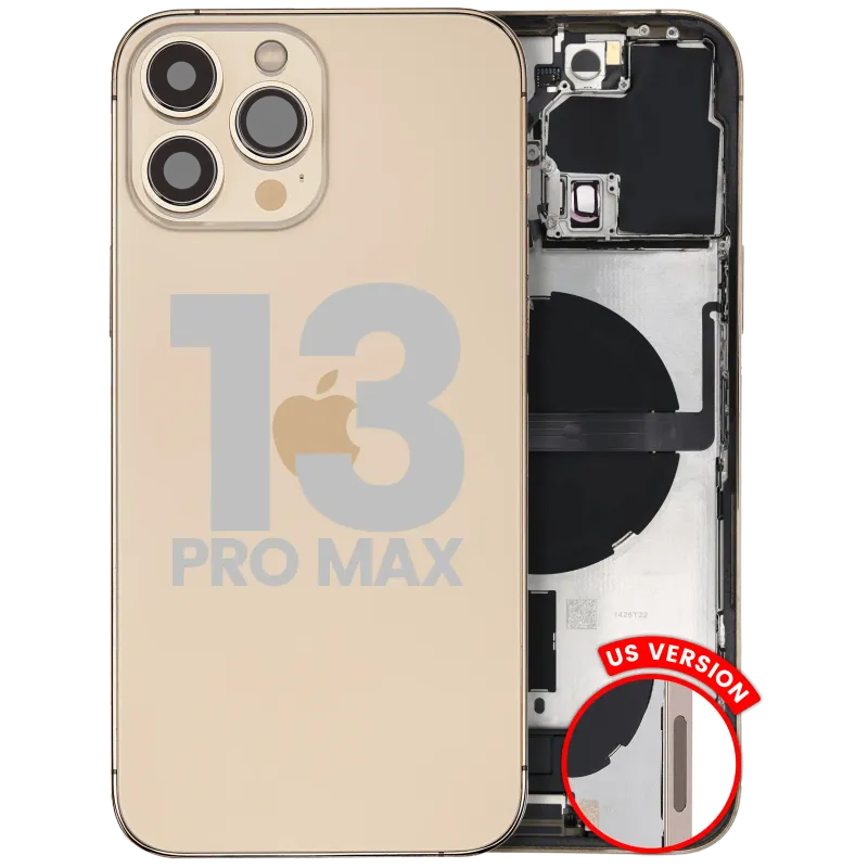 Zadní kryt (housing) s flexem nabíjecího konektoru a drobnými díly pro iPhone 13 Pro Max (US verze) (originál z vyřazeného zařízení, stav B) (zlatá)